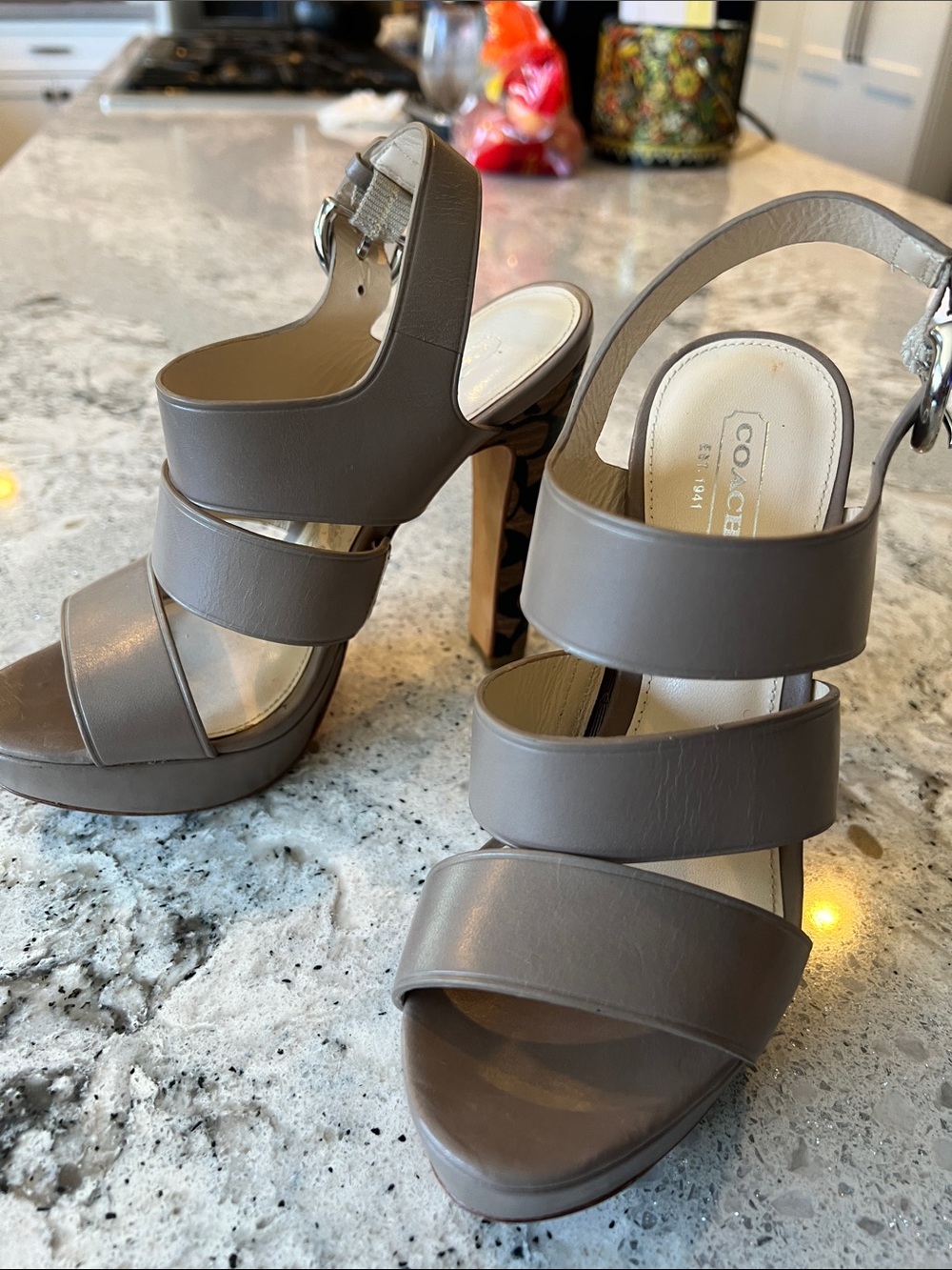 COACH Bertta Taupe Leather Monogram Platform Sandals Size 5.5 B Like New - Picture 11 of 11